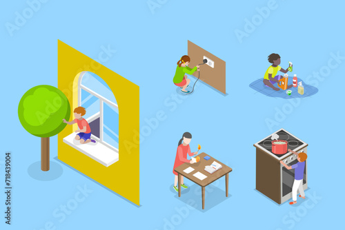 3D Isometric Flat Vector Illustration of Dangerous Situations With Kids, Children Risks and Safety