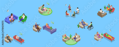 3D Isometric Flat Vector Set of Psychotherapy Session Scenes, Mental Health