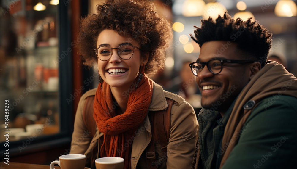 Smiling adults enjoying coffee in a cozy coffee shop generated by AI Smiling adults enjoying coffee in a cozy coffee shop generated by AI