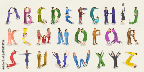 3D Isometric Flat Vector Set of English Alphabet with People, ABC Letters