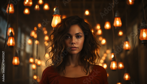 Young woman smiling, illuminated by candlelight, looking at camera generated by AI