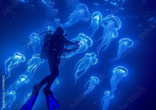 Scuba Diver Surrounded by Jellyfish in the Ocean