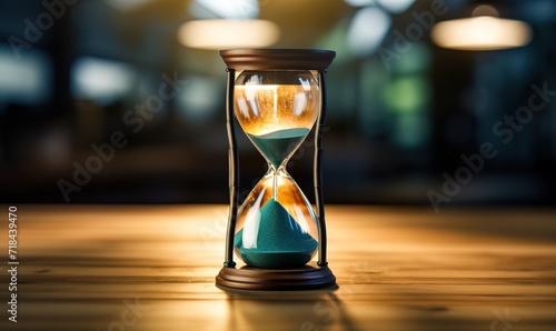 An hourglass on a table in the photo with a blur background