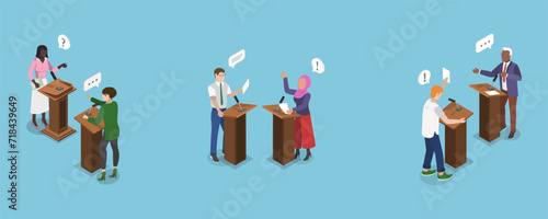 3D Isometric Flat Vector Illustration of Political Debates, Stage Communication with Arguments