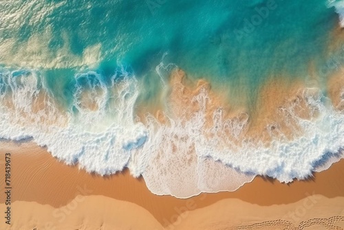 Top view of a sandy beach with ocean waves, perfect for a summer vacation and underwater ecosystem. Generative AI