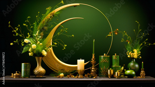 An elegant and decorative Islamic design with a crescent moon, lanterns, and calligraphy, perfect for religious and festive themes photo