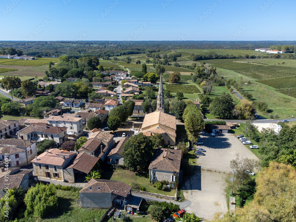 Aerial view on Sauternes village and vineyards, making of sweet dessert Sauternes wines from Semillon grapes affected by Botrytis cinerea noble rot in Bordeaux, France