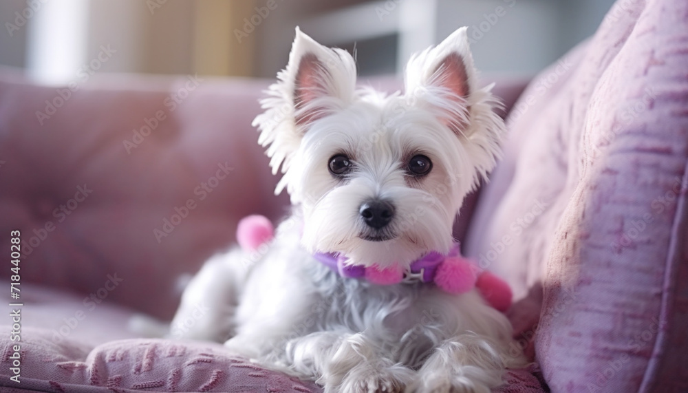 Cute puppy sitting on bed, looking at camera with joy generated by AI