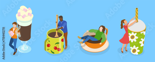 3D Isometric Flat Vector Set of Various Hot And Cold Beverages, Collection of People Enjoying Their Drinks