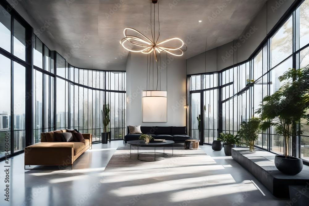 An airy minimalist foyer with floor-to-ceiling windows, concrete flooring, and a statement pendant light illuminating the simplicity - obrazy, fototapety, plakaty 