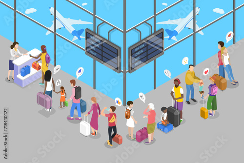 3D Isometric Flat Vector Illustration of Airport Queue, Scene with Airplane Passengers