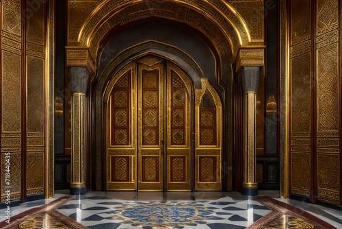The entrance to a regal palace with intricately carved double doors, mosaic tile flooring, and gold leaf detailing throughout the entry hall