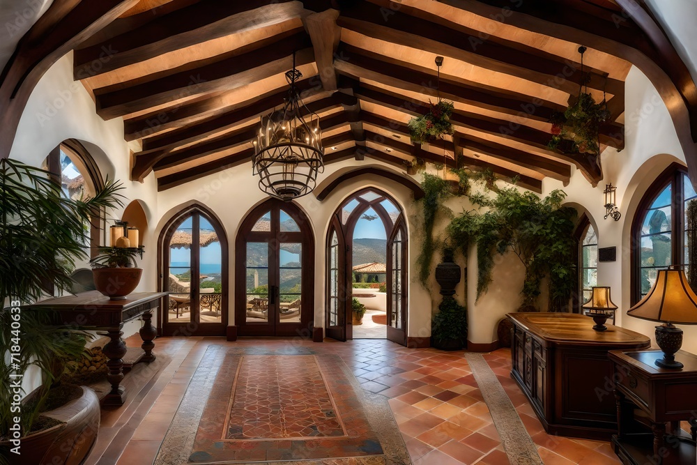 An elegant Mediterranean foyer with a vaulted ceiling,  wooden beams, and a hand-painted ceramic tile mural