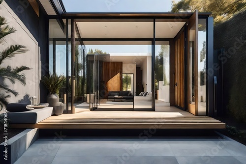 The entrance to a modern residence featuring a sleek glass door, neutral tones, and a minimalist bench for functional elegance