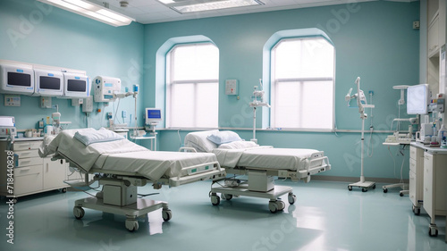 A hospital bed and medical equipment room with a bed