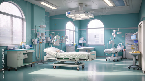 A hospital bed and medical equipment room with a bed