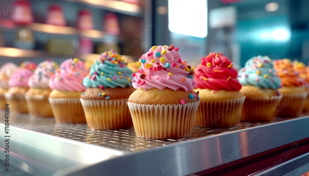 Multi colored cupcakes with icing and candy decorations, a sweet indulgence generated by AI