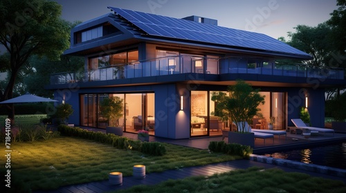 An illustration of the concept of renewable energy. Solar panels on top of the house with a modern minimalist concept. generative AI
