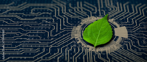 Green leaf on the converging point of computer circuit board. Nature with Digital Convergence and Technological Convergence. Green Computing, Green Technology, Green IT, csr, and IT ethics Concept.