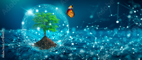 Tree with soil growing on the converging point of computer circuit board. Blue light and wireframe network background. Green Computing, Green Technology, Green IT, csr, and IT ethics Concept.