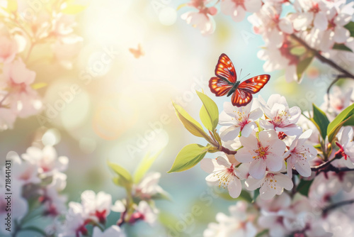 Blossom tree over nature background with butterfly.  © imlane
