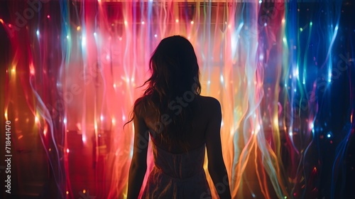 Back view portrait of woman in front of multi color light