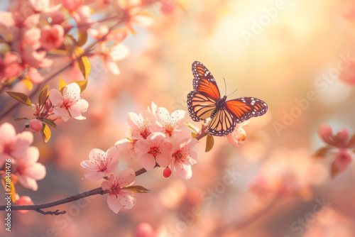 Blossom tree over nature background with butterfly. 