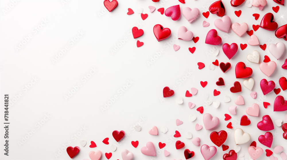 Valentine's day background with red and pink hearts on white background, flat lay, with copy space. Valentines day background with red and pink hearts. red hearts on white