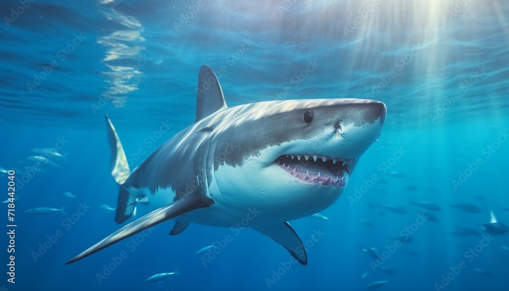 Fototapeta premium Majestic fish swim in the deep blue sea, underwater adventure generated by AI