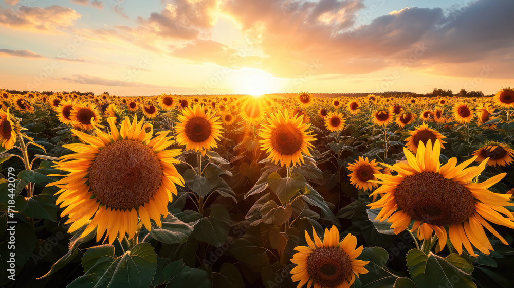 Fototapeta premium Stunning panorama of sunflower fields bathed in the warm glow of the setting sun