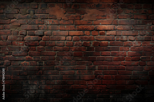 Old dark red brick wall background, wide panorama of masonry. large red brick wall texture in dark background. grunge brick wall background
