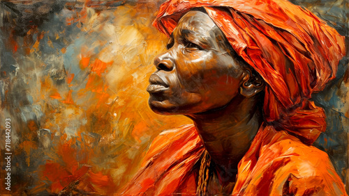 An older black woman wearing a red and orange turban background with copy space. Generative AI