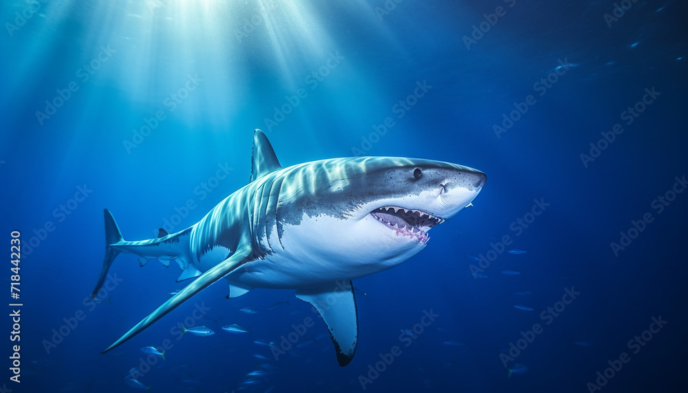 Fototapeta premium Majestic underwater giant, swimming close to the blue reef generated by AI