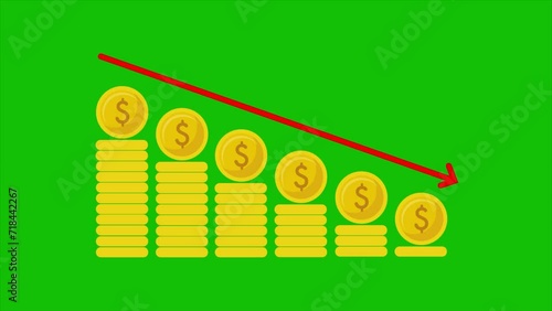 Dollar prices fall in financial statistics graph in stock market and inflation rate animation, US Dollar price chart going down. 4k green screen animation