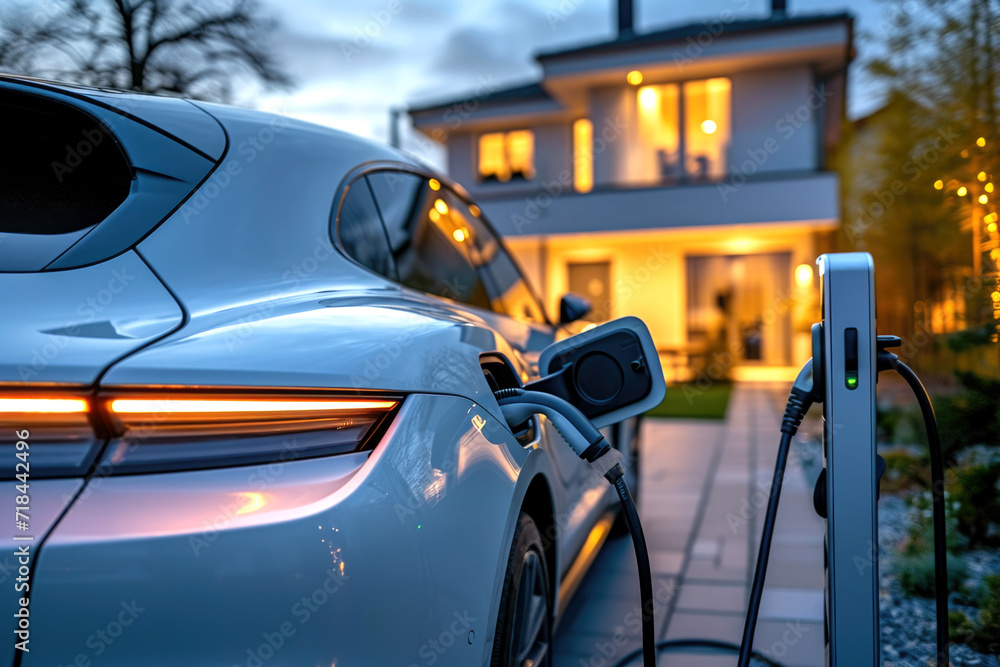 Electric car's charging port connected to charging station charging visible at home background, vehicle charging battery, environmental sustainability representation, eco green power concept Electric car's charging port connected to charging station charging visible at home background, vehicle charging battery, environmental sustainability representation, eco green power concept