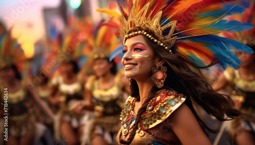 Smiling Brazilian women dancing, bringing happiness and fun to parade generated by AI