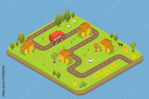 3D Isometric Flat Vector Illustration of Delivery Service In Rural Area, Summer Landscape