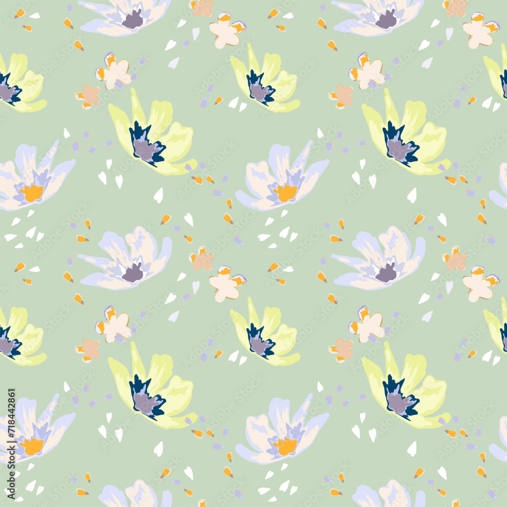 Windy flowers and petals in spring. Blooming midsummer meadow seamless pattern. Plant background for fashion, wallpapers, print. Liberty style millefleurs. Trendy floral design Windy flowers and petals in spring. Blooming midsummer meadow seamless pattern. Plant background for fashion, wallpapers, print. Liberty style millefleurs. Trendy floral design
