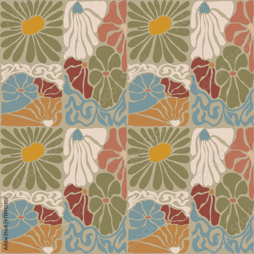 Groovy floral seamless tile in Matisse vibes. Trendy Naive Floral Vector Background in 1970s. Art deco pattern. Can be used for Print on fabric  wrapping paper  wallpaper.
