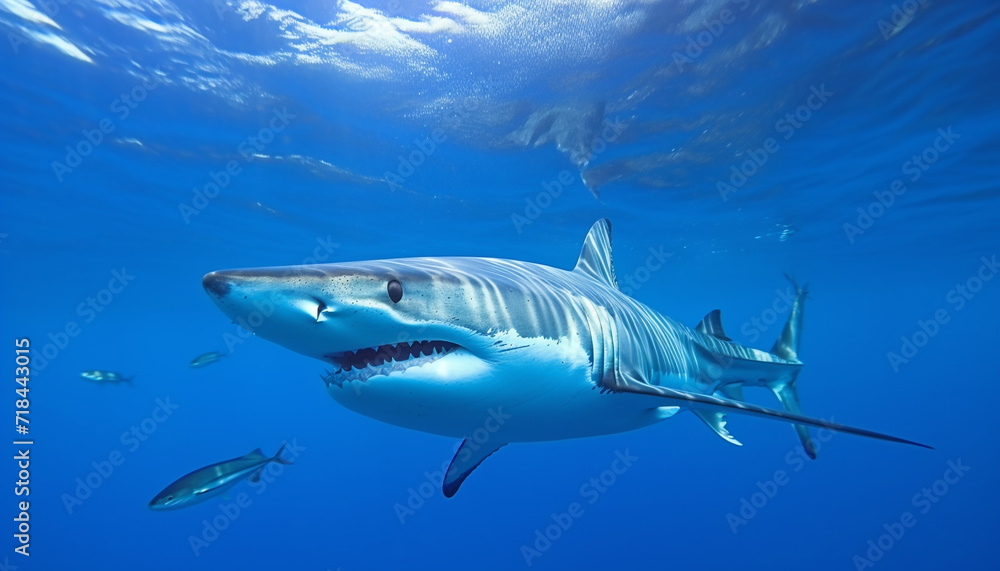 Fototapeta premium Majestic underwater adventure large fish swimming in deep blue sea generated by AI