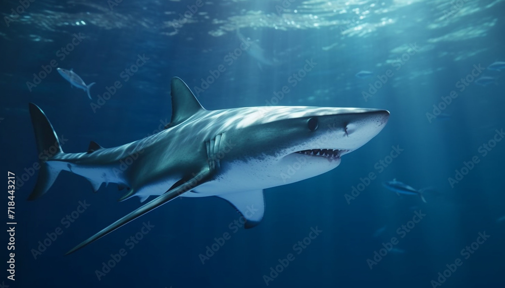 Majestic underwater adventure blue danger, sharp teeth, giant blacktip reef shark generated by AI Majestic underwater adventure blue danger, sharp teeth, giant blacktip reef shark generated by AI