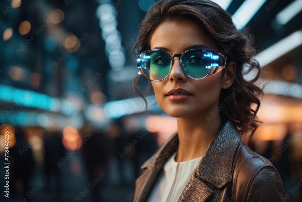 Smiling lady in stylish sunglasses, showcasing urban summer fashion outdoors with a glamorous city backdrop Smiling lady in stylish sunglasses, showcasing urban summer fashion outdoors with a glamorous city backdrop