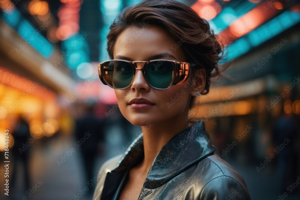 Smiling lady in stylish sunglasses, showcasing urban summer fashion outdoors with a glamorous city backdrop Smiling lady in stylish sunglasses, showcasing urban summer fashion outdoors with a glamorous city backdrop