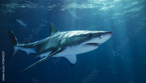 Majestic underwater adventure blue danger, sharp teeth, giant blacktip reef shark generated by AI