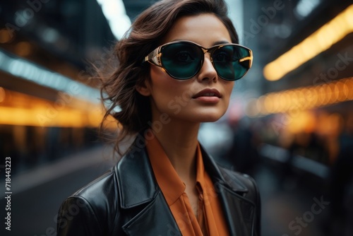 Smiling lady in stylish sunglasses, showcasing urban summer fashion outdoors with a glamorous city backdrop