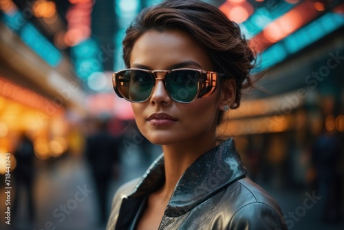 Smiling lady in stylish sunglasses, showcasing urban summer fashion outdoors with a glamorous city backdrop