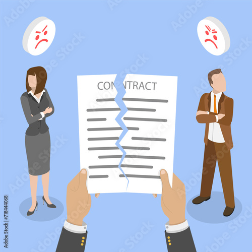 3D Isometric Flat Vector Illustration of Contract Cancellation, Ending Cooperation and Relationships