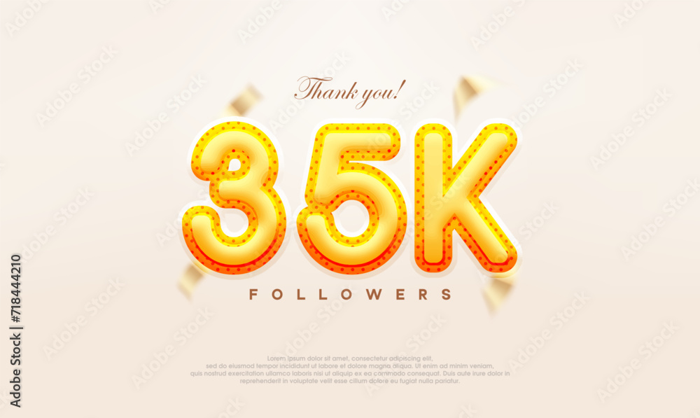 Yellow gold number 35k thanks to followers, modern and premium vector design.