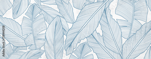 Light art background with a pattern of tropical leaves in line style. Hand drawn vector banner for textile design, poster, print, decor, wallpaper, packaging, interior design.