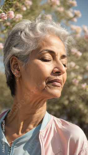 portrait of relaxed elderly woman wearing sportswear, enjoying nature, exercising, breathing fresh air ,meditating in nature, in the park, sunbathing in the morning, space for text 